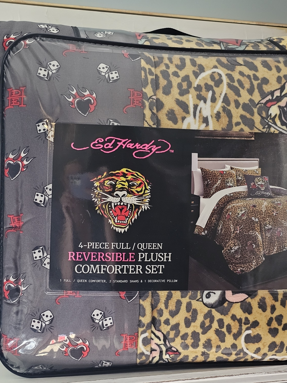 Ed Hardy Gray & Leopard Print Reversible Plush Comforter Set 4 Pc Queen